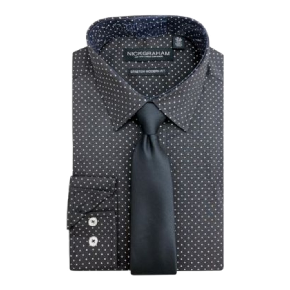 Nick‎ Graham Men's Modern Fit Stretch Dress Shirt Polka Dot Black 18–18.5 36/37